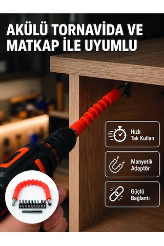 Esnek Bits Uç Seti 12 Parça Manyetik Adaptörlü Matkap Tornavida Aksesuarı 23386196