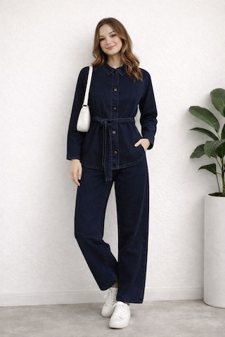 Hiramir Kadın Modern Kesim Kuşaklı Denim Takım Yz2601 Lacivert