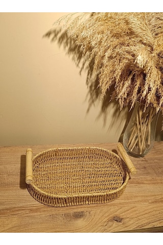 Hasır Rattan Bambu Kulplu Örme Tepsi Küçük Boy Oval Diğer