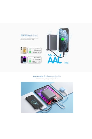 20000mah - 45w Powerbank Siyah - Hızlı Şarj - Taşınabilir Güç Kaynağı - Taşınabilir Şarj Cihazı Siyah