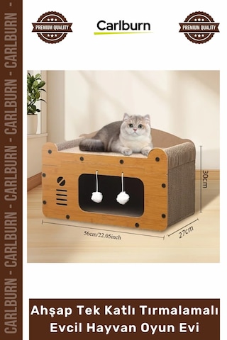 Oyunevi Modern Kedi Köpek Yuvası Peluşlu Ahşap Tek Katlı Tırmalamalı Evcil Hayvan Oyun Evi