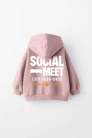 Kız Çocuk Socıal Meet Baskılı Kapüşonlu Manşetli Sweatshirt Pudra