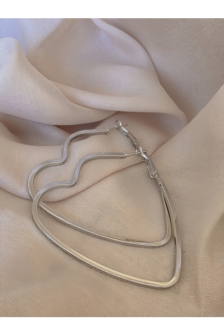 Kalp Model Halka Silver Renk Çelik Küpe 6cm Gümüş