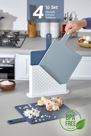 4'lü Tezgah Üstü Standlı Kulplu Kesme Tahtası - Çoklu Doğrama Tahtası Ekmek Sebze Et Kesim Panosu Mavi