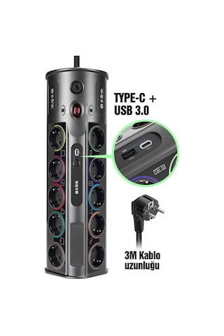 S-link Swapp SP10AF 1.5 MM USB Type-C 2.1A/5V 16A 250V 3680W 10'lu Kablolu Akım Korumalı Priz 3 M