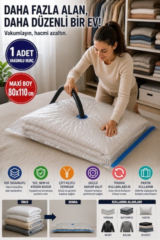 Maxi Boy Vakumlu Hurç 80x110 Cm 1 Adet Çift Kilitli Vakum Poşeti Yorgan Battaniye Saklama Çuvalı Şeffaf