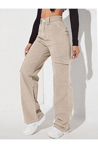 2090 Kadın Likrasız Kargo Cepli Bol Paça Jeans Kot Denim Pantolon Bej