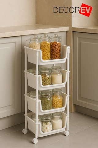 4 Katlı Tekerlekli Plastik Organizer Raf Çok Amaçlı Mutfak, Banyo Ve Ofis Düzenleyici Beyaz Dc-6823 Beyaz