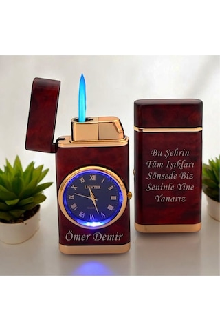 İsme Özel Turbo Jet Işıklı Saatli Çakmak Çift Yön Baskı