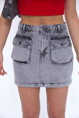 Zeo Basic Kargo Cepli Grey Mini Skirt Gri