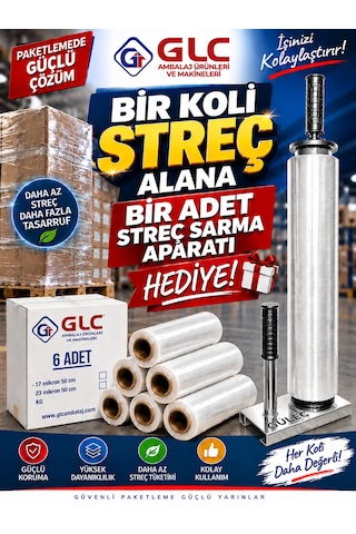 6 Adet 1 Koli 17 Mikron 300 Mt Palet Streç Film Alımına 1 Adetstreç Sarma Aparatı Hediye Krom