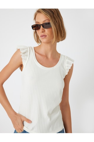 Koton Fırfırlı Karpuz Kol Tişört Yuvarlak Yaka Ribanalı Slim Fit Beyaz 5wak10179ek Beyaz