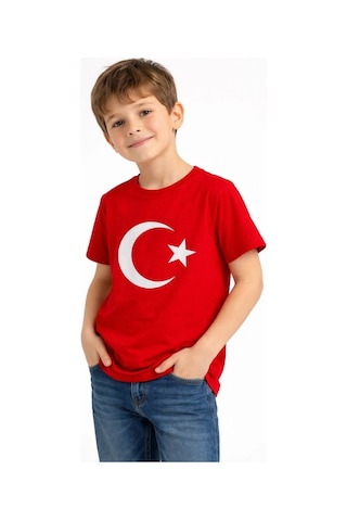 Erkek Çocuk Tişört Bisiklet Yaka Ay Yıldız Bayrak Baskılı T-shirt - Kırmızı Çok Renkli