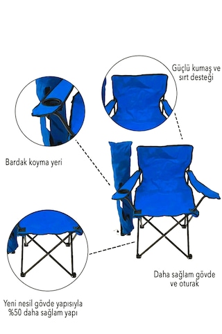 Eksiksepeti 2 Adet Katlanır Kamp Sandalyesi Taşıma Çantalı Bardaklıklı Mavi