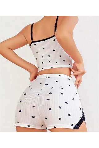 Atyticaret Kadın Pamuklu Beyaz Üstüne Siyah Desen Fitilli Askılı Şortlu Pijama Takımı