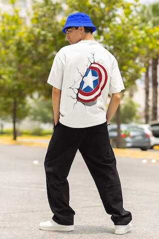 Kaptan Amerika Kalkan Baskılı Unisex Oversize Avengers Marvel Tiş Beyaz