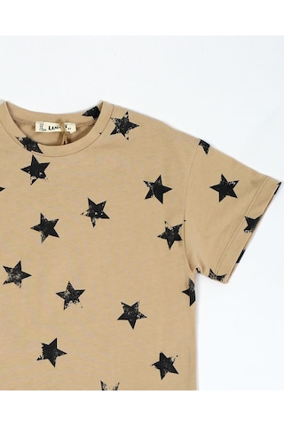 Luess Baskılı Oversize Kısa Kol Erkek Çocuk T-shirt Bej