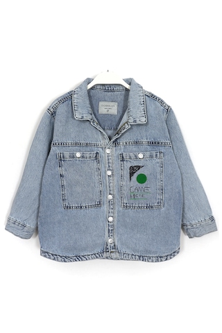 Gömlek Yaka Ön Ve Arkası Baskılı Erkek Çocuk Denim Ceket 1996 Mavi