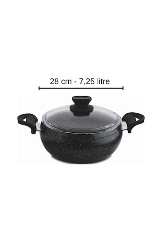 Granit Pro 28 Cm Derin Granit Güveç Tencere Siyah Bakalit Saplı Cam Kapaklı Yapışmaz