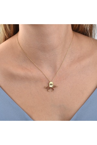 14 Ayar Mikron Altın Kaplama Ahtapot Figürlü Kolye Kırmızı Taşlı El Yapımı Tasarım - Cns00671 Altın