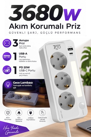 7go 7gsp1 3680w 3'lü Priz Beyaz Akım Korumalı 20w Pd Hızlı Şarj Usb 1.9m Kablolu Akıllı Led Ge 2 m