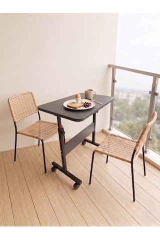 Yükseklik Ayarlı - Dar Balkonlar İçin Kahvaltı Yemek Masası - Antrasit Tekerli 60x40 Oval Kenar Scbalkon4