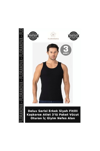 Floranova Delux Serisi Erkek Siyah Fitilli Kaşkorse Atlet 3'lü Paket Vücut Oturan İç Giyim Nefes Alan