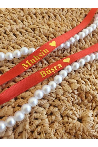 Dökülen İncili Isimli Yüzük Kurdelesi Nişan Kurdelesi Kırmızı