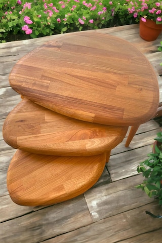 Fawdecor Masif Doğal Ahşap Modern Kestane 3'lü Zigon Sehpa Seti