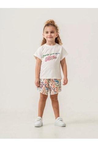 Kız Çocuk Pamuklu Dokuma Şort T-shirt Takım-15881 Çok Renkli