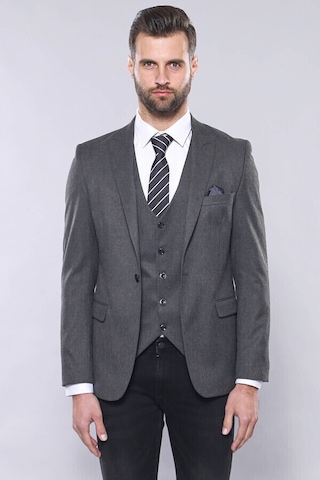 Düz Gri Slim Fit Yelek Ceket Set Wessi 001