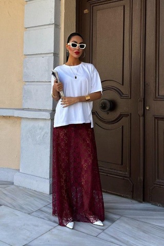 Crimson Grace Kadın Bordo Dantel Maxi Etek Şık Yazlık Tasarım Bordo