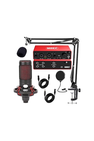 Midex CXN - 30 Paket - 4 Stüdyo Ses Kartlı Condenser Mikrofon Stand Seti