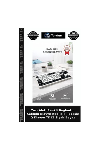Yazı Aleti Renkli Bağlantılı Kablolu Klavye Rgb Işıklı Sessiz Q Klavye Tk12 Siyah Beyaz
