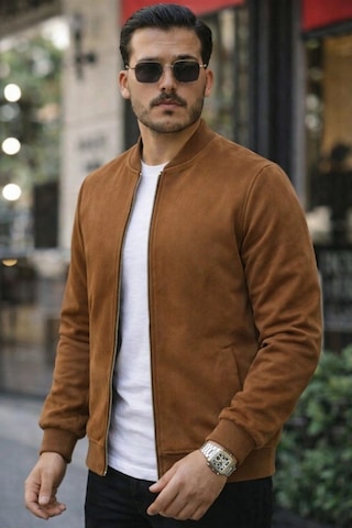 Defymoda Erkek Uzun Kollu Önden Fermuarlı Süet Ceket Kahve