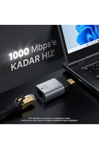 Type-c To Ethernet Çevirici Mini Adaptör - 1000 Mbps'e Kadar Hız - Usb-c'den Rj45 Gigabit Lan Dönüşt