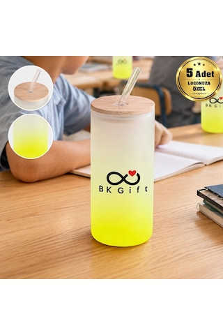 Logonuza Özel 5 Adet Pipetli Cam Matara 600 Ml Ahşap Kapaklı Kurumsal Suluk Sarı