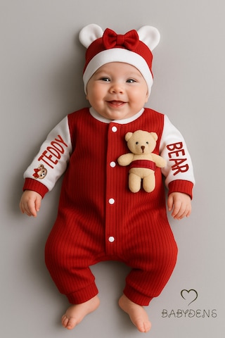 Babyden's Teddy Bear Temalı Yenidoğan Fitilli Tulum Takımı Ayıcıklı Kız Bebek Tulum Şapka Set %100 Pamuk Bordo