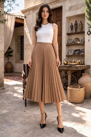 Wear Vexel Kadın 90 Cm Saten Kumaş Pliseli Midi Etek Şık Ve Zarif Tasarım - Kahverengi Çok Renkli