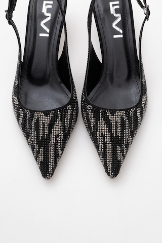 Luvishoes Luvi Shoes Ushes Siyah Saten Taşlı Kadın Kısa Topuklu Abiye Ayakkabı Siyah