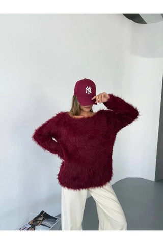 Kechi Woman Tüylü Triko Kazak Bordo