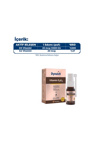 Dynavit Vitamin D3k2 10 Ml Sprey 1000ıu D3 & 20mcg K2 Vitamini - Kas & Kemik & Bağışıklık