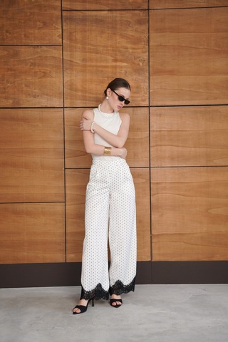 Verymoda Puantiyeli Paçası Dantelli Saten Pantolon D2970 Krem