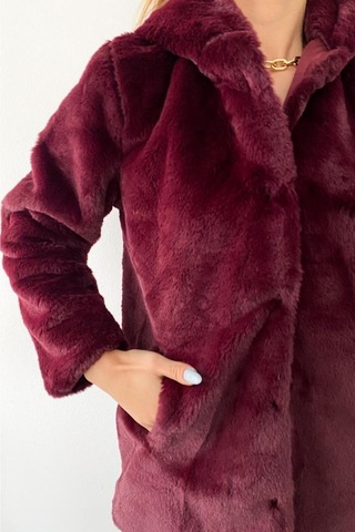 Femelle Kadın Bordo Astarlı Peluş Kapüşonlu Kürk Kaban Mont Kürk