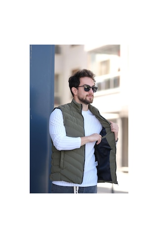 Faxy Cepli Dik Yaka Nova Parlak Kumaş Erkek Şişme Yelek Haki