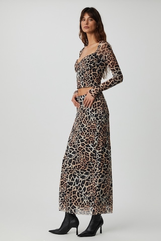 Grimelange BEULAH Kadın Maxi Boy Slim Fit Beli Lastikli Tül Batik Desenli Leopar Desenli Etek