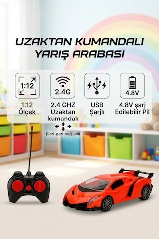 Uzaktan Kumandalı 1:12 Ölçekli 4 Fonksiyon Işıklı Usb Şarjlı 10-15km/h 2.4ghz Oyuncak Spor Araba Turuncu