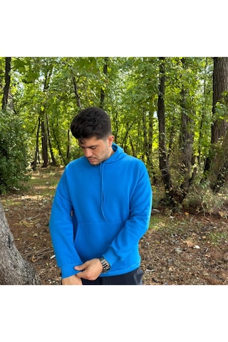 Erkek 3 İplik Basic Oversize Kanguru Cepli Kapüşonlu Sweatshirt Mavi