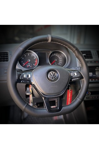 Dikişli Direksiyon Kılıfı İthal Siyah Deri Noktalı Deri Gri Yüzük Gri Dikişli Vw Polo İçin Gri Dikiş
