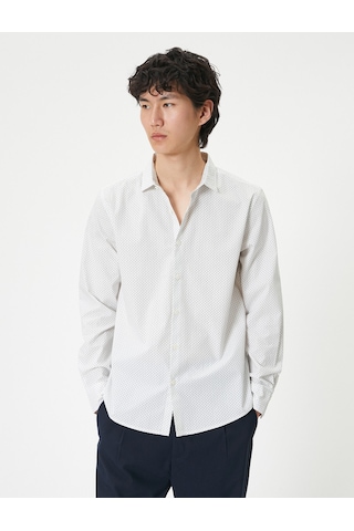 Koton Slim Fit Gömlek Yarım İtalyan Yaka Düğmeli Pamuklu Bej Desenli 4sam60082hw Ekru Desenli